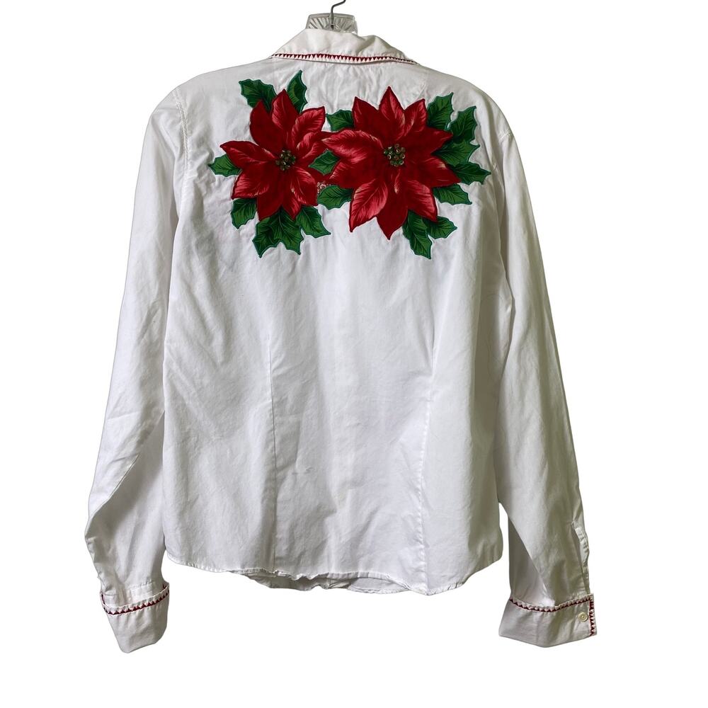 Arizona White Long Sleeve Button Front Top Poinsettias Sz L (2536) - Picture 5 of 6